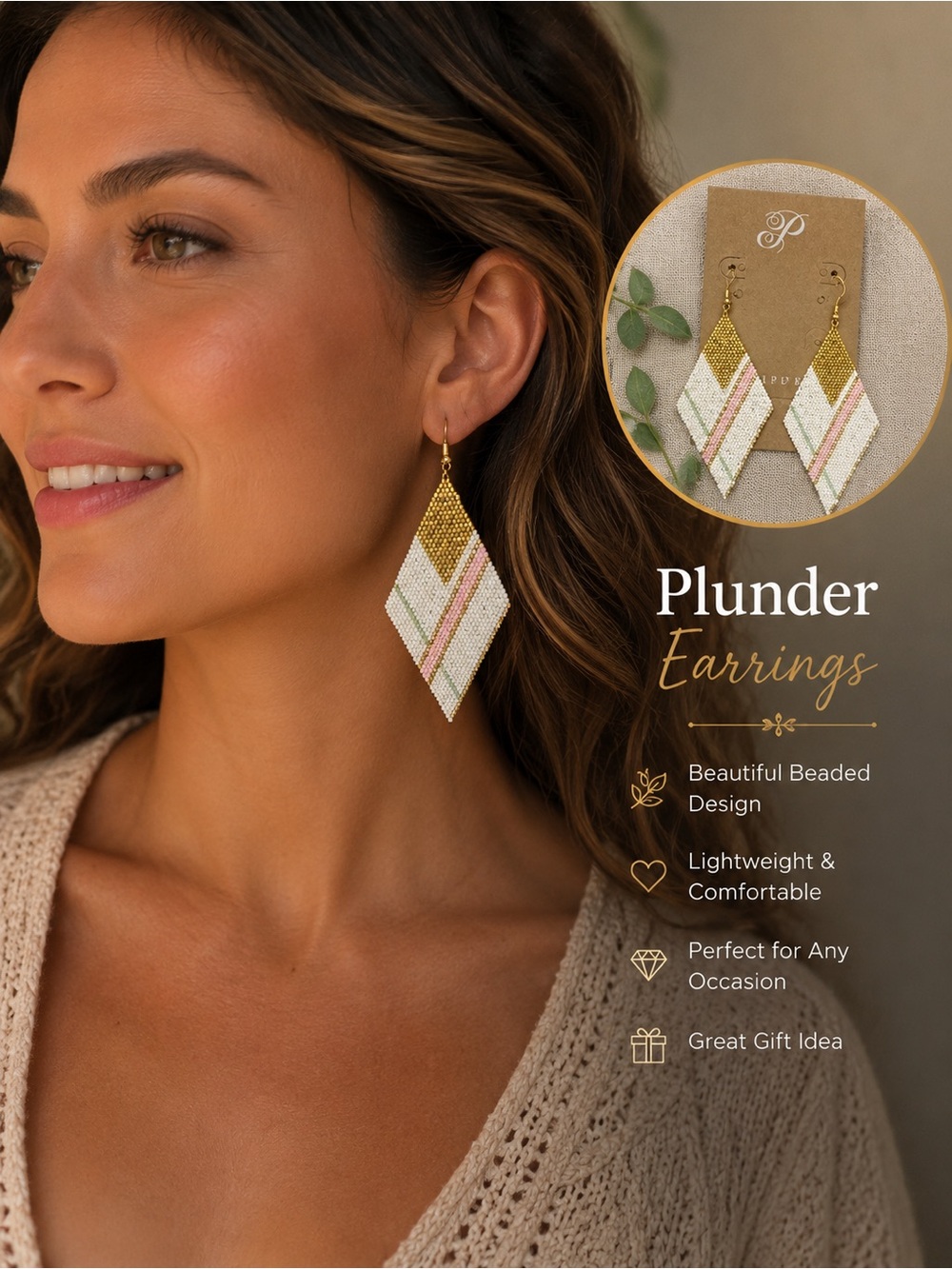 Plunder Beaded Diamond Dangle Earrings | Gold & Ivory Statement Boho Earrings
